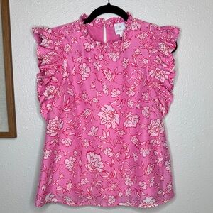 J. Marie Pink Floral Ruffle‎ Sleeve Blouse - XS